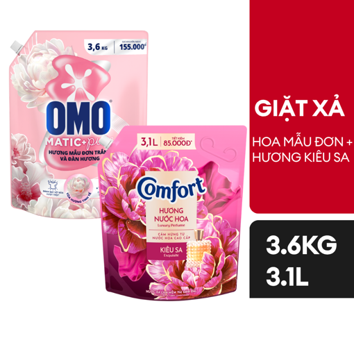 Ảnh của Combo Nước giặt OMO Cửa Trên hương Mẫu Đơn Trắng và Đàn Hương 3.6kg + Nước xả vải Comfort hương Kiêu Sa 3.1L