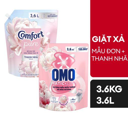 Ảnh của [Combo Giặt Xả] Nước giặt OMO Cửa Trên hương Mẫu Đơn Trắng và Đàn Hương 3.6kg + Nước xả vải Comfort Hoa Trắng Thanh Nhã 3.6l